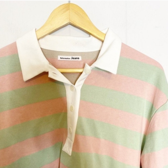 Reformation | NWOT Anna Rugby Shirt in Candy Stripe Pink Green New Medium - Picture 2 of 5